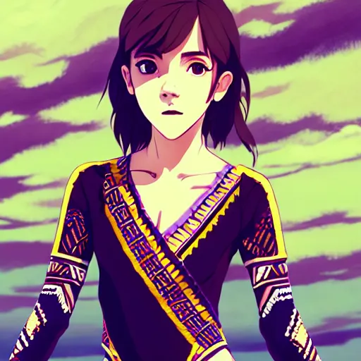 Image similar to a beautiful boyish emma watson alluring instagram model, wearing japanese hiphop aztec leotard outfit with mayan pattern and native style, aztec street fashion bathing suit, botw style, gapmoe yandere grimdark, trending on pixiv fanbox, painted by greg rutkowski makoto shinkai takashi takeuchi studio ghibli, akihiko yoshida