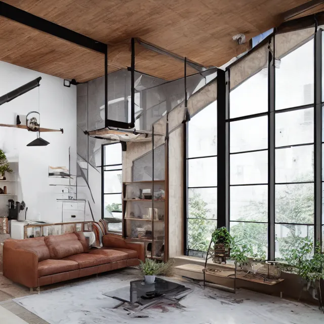 Prompt: post and beam a - frame interior, tall ceilings and loft, caramel leather couch, bookshelf, vintage refrigerator and kitchen, large window in back with fall foliage, many plants hanging, marble countertops, spiral staircase, realistic, unreal engine render, octane render, hyper realistic, photo, 8 k