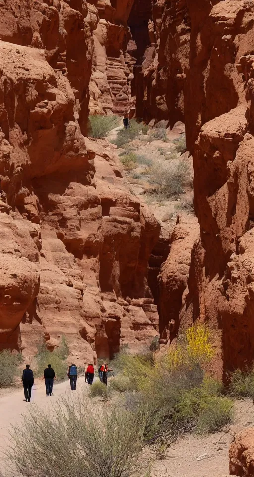 Prompt: narrow canyon in a desert, filled with flowers, caravan traders walking through on camels