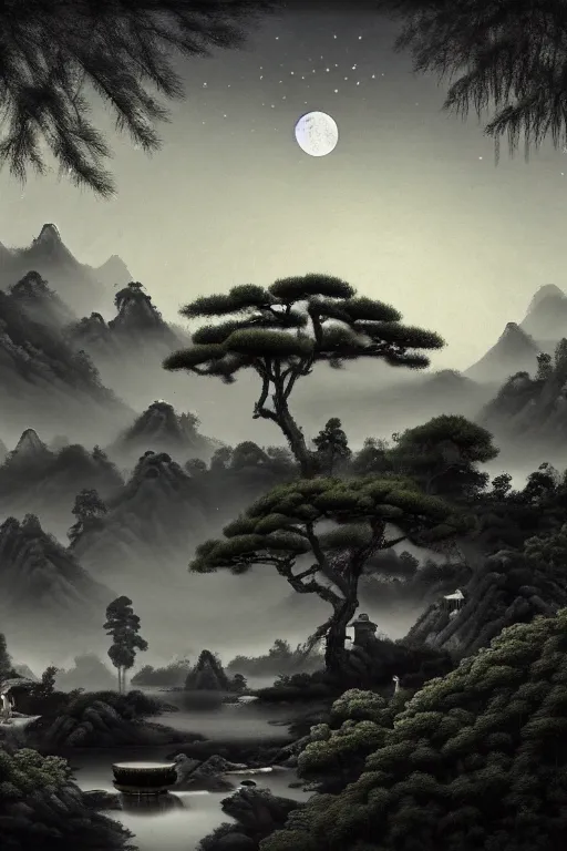 Prompt: chinese painting rendering of a surreal ancient chinese landscape, with a stream, little moon | moonlet, an ancient chinese pavilion and pine trees on the water surface, a dark starry sky, clouds, lighting in the pavilion, magical light fog, night, dim light, aestheticism, fantasy, 8 k, cinematic, zbrush, marmoset toolkit