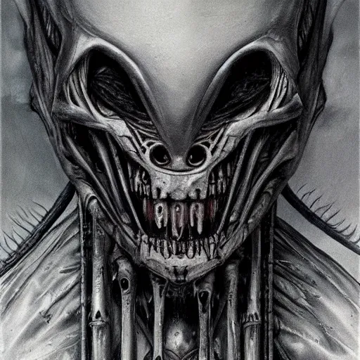 Image similar to Concept art. Alien monster. Terrifying. Dark. Smokey. Bone. Ash. Teeth. Art by HR Giger. Extremely detailed. 4K.