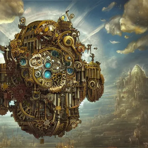 Image similar to flying city in a mechanical flower, flying city, detailed, sky, fantasy art, steampunk, masterpiece