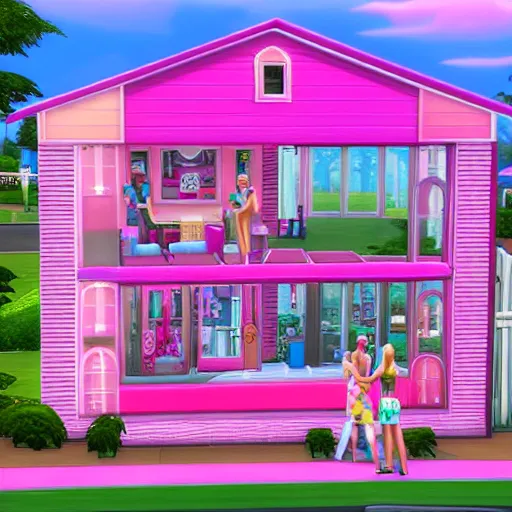 Prompt: the barbie dream house in the sims 4, exterior