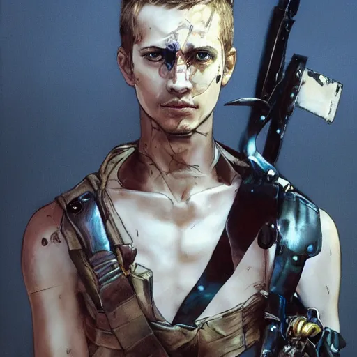 Image similar to portrait of a young white hero using his right arm to hold his sword covering his eye by yoji shinkawa, high quality, extra details, realism, ornate, colored, golden chain, blood, white skin, short hair, brown eyes, vivid, sunlight, dynamic, american man, freedom, white american soldier, painting, cybernetics, military