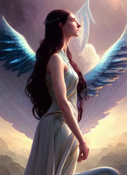 Image similar to a beautiful cinematic female archangel queen, fantasy sea landscape, fantasy magic, short aqua blue black fade hair, dark light night, intricate, elegant, sharp focus, illustration, highly detailed, digital painting, concept art, matte, art by WLOP and Artgerm and Greg Rutkowski and Alphonse Mucha, masterpiece