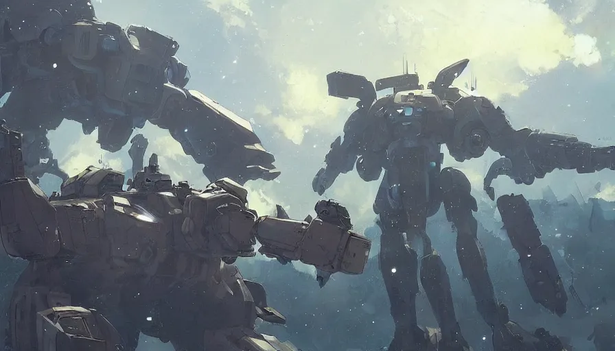 Prompt: mech battle, trending on pixiv fanbox, painted by greg rutkowski makoto shinkai takashi takeuchi studio ghibli