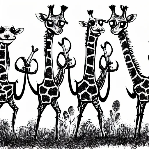 Prompt: giraffe army, holding guns and ammo, illustration, cartoon