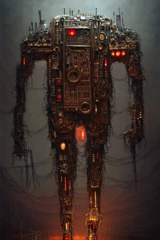 Image similar to A photo of a robot monster cyborg made of circuits wide view shot by ellen jewett , tomasz alen kopera and Justin Gerard, symmetrical features, ominous, magical realism, texture, intricate, ornate, royally decorated, android format, windows, many doors, roofs, complete house , whirling smoke, embers, red adornments, red torn fabric, radiant colors, fantasy, trending on artstation, volumetric lighting, micro details, 3d sculpture, ray tracing, 8k