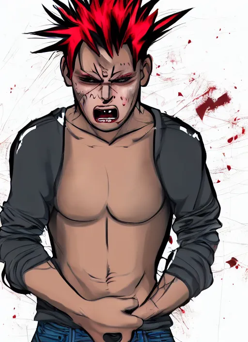 Image similar to a young man of 2 5 years old, with a bruised face and bruises, is standing in a doorway in a boxer's stance, casual clothing style, hairstyle red mohawk, draw style, cold colors, comics style, angry 8 k