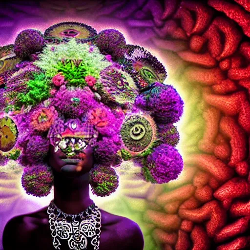 Image similar to an african marijuanna! shaman with an afro made of flowers, third eye art art by machina infinitum, complexity from simplicity, rendered in octane, mandelbulb 3 d, rim lighting, ambient occlusion, macro photography, felt!!! texture, tribal, neon! retrowave