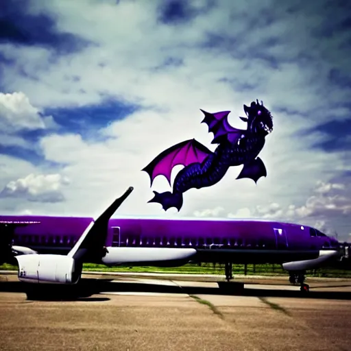 Prompt: a purple dragon sitting on the top of an aeroplane