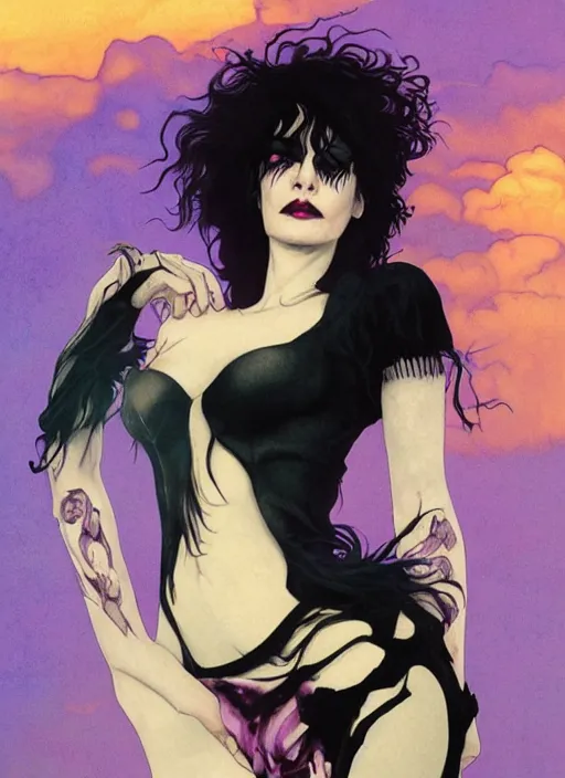 Image similar to death of sandman by neil gaiman, cute gothette, black crop top, smiling, happy, photorealistic, sunset clouds, glamour pose, detailed illustration, digital art, trending on artstation, soft ambient lighting, volumetric lighting, rim lighting, yoshitaka amano, alphonse mucha, arney freytag, maxfield parrish, new art nouveau