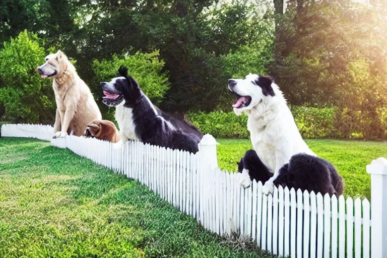 Image similar to large dogs doing yoga in a garden, white picket fence, happy, serene, cinematic, 4 k, photorealistic, press photo,