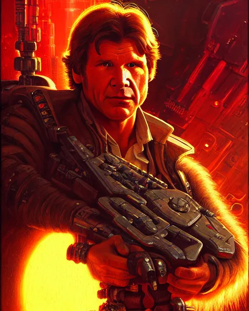 Image similar to character portrait closeup 4 0 years old han solo harrison ford cyberpunk starcraft terran warhammer 4 0 k space marine, confident, character design, painting by gaston bussiere, dan mumford, katsuya terada, frank frazetta, tom of finland, trending on artstation