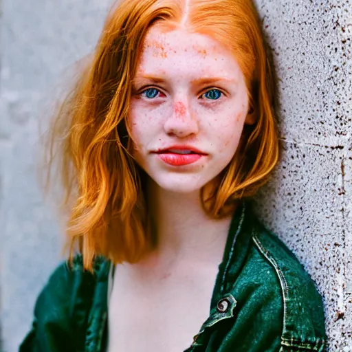 Image similar to Portrait photograph of a Strawberry-Blonde Girl, Young Beautiful Face, Green Eyes, Freckles, Wearing a white crop-top and jeans, with a subtle smile, Humans of New York Style, Leica Camera 50mm lens, street photography, grainy film photo