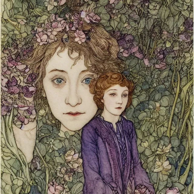 Prompt: a detailed, intricate watercolor and ink portrait illustration with fine lines of young 1 4 year old saoirse emma ronan watson looking over her shoulder, among flowers, by arthur rackham and edmund dulac and walter crane