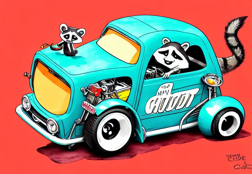 Image similar to cute and funny, racoon riding in a tiny hot rod coupe with oversized engine, ratfink style by ed roth, centered award winning watercolor pen illustration, isometric illustration by chihiro iwasaki, edited by range murata and beeple