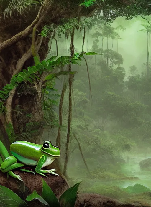 Image similar to a beautiful matte painting of a green frog in the jungle, kambo