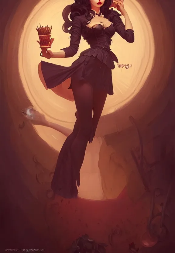 Image similar to Necromancer waitress of a small 50’s style diner, fantasy magic, dark pin-up style hair, dark light night, intricate, elegant, sharp focus, illustration, highly detailed, digital painting, concept art, matte, art by WLOP and Artgerm and Greg Rutkowski and Alphonse Mucha, masterpiece