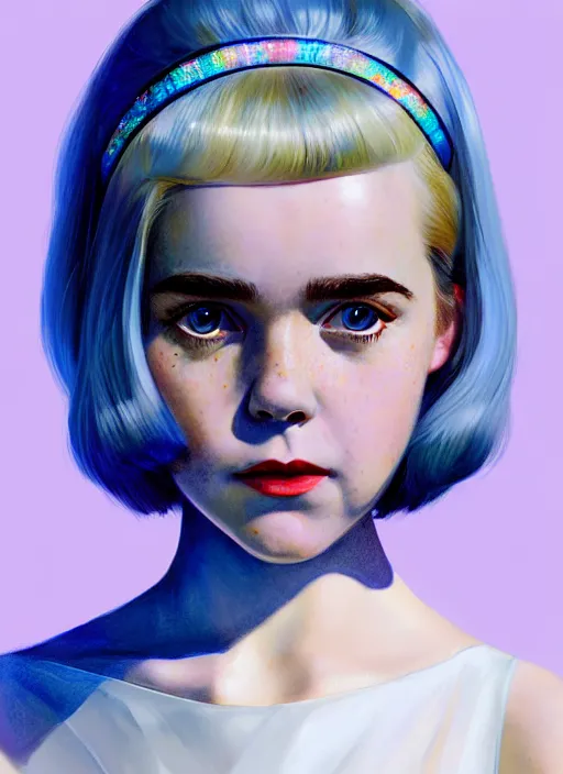 Image similar to portrait of kiernan shipka with freckles, white hair, big 1 9 6 0 s bob hairstyle with bangs and hairband, blue 1 9 6 0 s dress, intricate, elegant, glowing lights, highly detailed, digital painting, artstation, concept art, smooth, sharp focus, illustration, art by wlop, mars ravelo and greg rutkowski