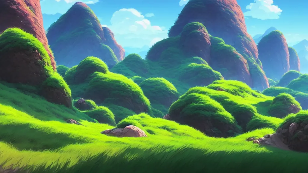 Image similar to hills and mountains landscape, studio ghibli, pixar and disney animation, sharp, rendered in unreal engine 5, highly detailed, digital painting, artstation, concept art, smooth, sharp focus, illustration, wide angle, artbook, wallpaper, splash art, promo art, dramatic lighting, art by artgerm and greg rutkowski and bo chen and jin xiaodi