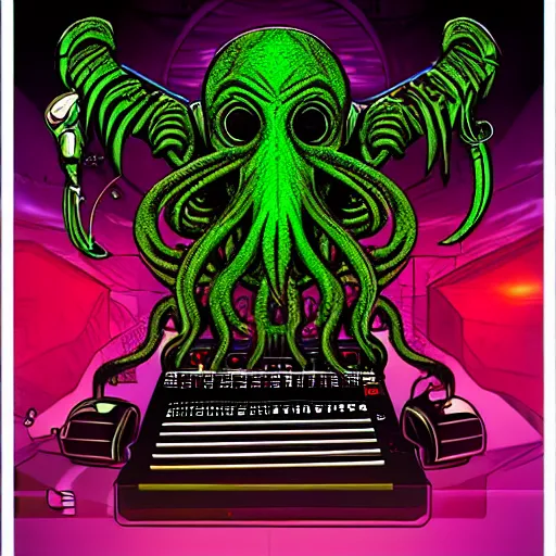 Image similar to cthulhu with headphones playing synthesizers, lights, lasers, music, highly detailed, realistic, technology and magic,