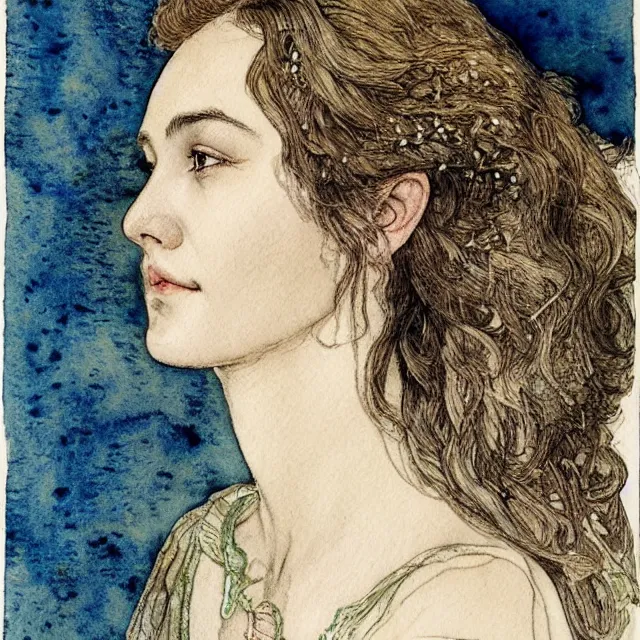 Image similar to a detailed, intricate watercolor and ink portrait illustration with fine lines of young 1 4 year old saoirse gal ronan gadot looking over her shoulder, by arthur rackham and edmund dulac and walter crane