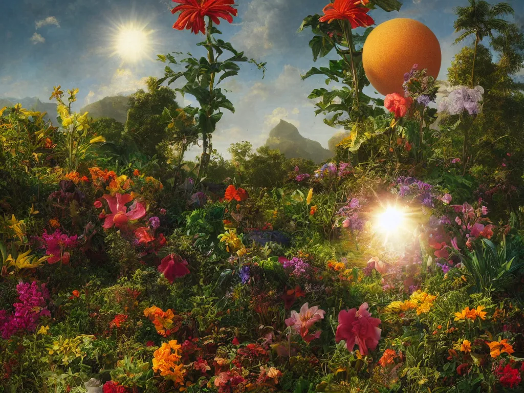 Prompt: sunlight study, the universe is a spheroid region 7 0 5 meters in diameter of kauai wildflower undergrowth, art nouveau, by jan davidz de heem and ( ( ( ( ( lisa frank ) ) ) ) ), 8 k, sharp focus, octane render