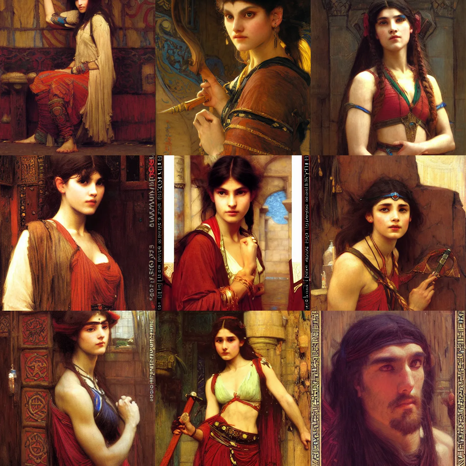 Prompt: orientalism painting of a dungeons and dragons player character portrait by john william waterhouse and Edwin Longsden Long and Theodore Ralli and gaston bussiere. Cinematic, hyper realism, dramatic lighting, high detail 8k