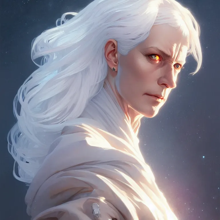 Prompt: gallent whitehaired portrait, sci-fi face, elegant, highly detailed, digital painting, artstation, concept art, smooth, sharp focus, illustration, art by artgerm and greg rutkowski and alphonse mucha
