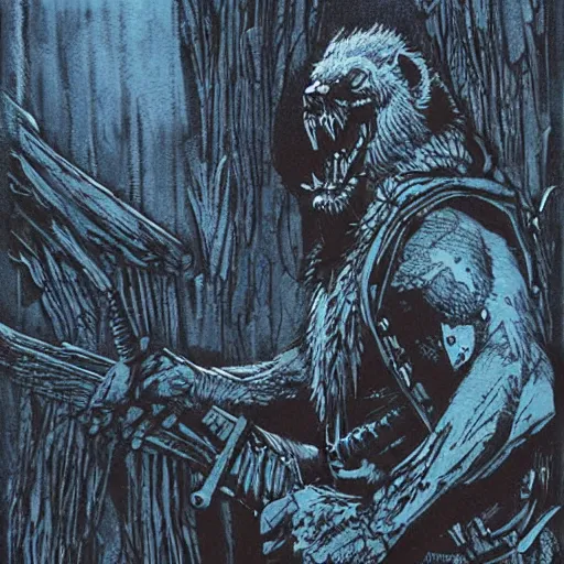 Image similar to blue woodcut print cartoon, gnoll by greg rutkowski, fine details, highly detailed
