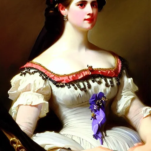 Image similar to beautiful painting of a queen by franz xaver winterhalter, highly detailed, vivid, romanticism, 1 8 6 0 s style art, high quality, elegant, fancy