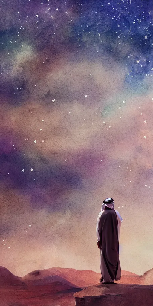 Image similar to an arab person with his back standing in the desert with sky with stars in watercolor, cinematic, highly detailed wide, atmospheric lighting, muted colors