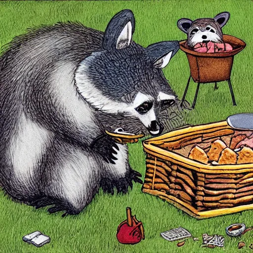 Image similar to angus picnicking with raccoons by gary larson