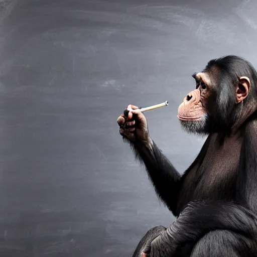 Image similar to a chimpanzee scientist teaching evolution blackboard