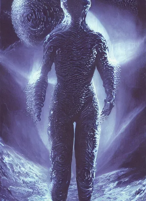 Image similar to astronauts alien in dark void underwater - complex and hyperdetailed technical suit. reflection and dispersion materials. rays and dispersion of light. volumetric light. f / 3 2. noise film photo. flash photography. ultra realistic, wide angle. poster by wayne barlowe, hajime sorayama aaron horkey, craig mullins