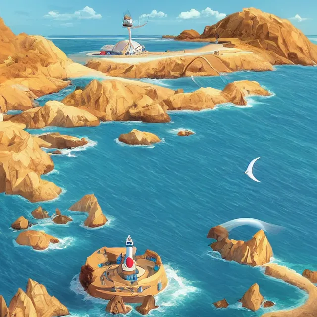 Image similar to a remote island research station in the middle of the ocean, rhads!!!, magical realism, archipelago, urban fantasy, saturday morning cartoon, clean linework, ( alexander archipenko ), ( tex avery ), western animation