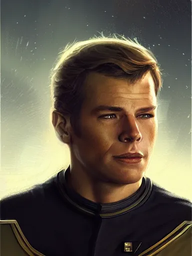 Image similar to Captian James T Kirk, young, male, handsome, intricate, masterpiece, dramatic lighting, semi-realistic, sharp, digital art, art by greg rutkowski and valentina remenar