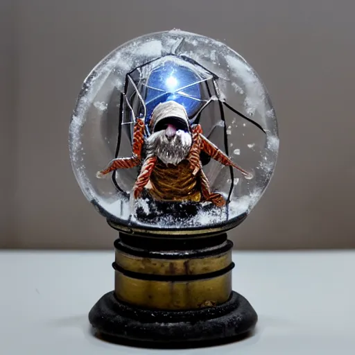 Image similar to a metal spider with a gnome snow globe head, professional lighting