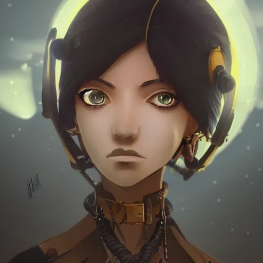Image similar to a girl with dark skin with yellow eyes and short white hair, wearing steampunk attire, highly detailed, digital painting, artstation, matte, by makoto shinkai, animation style