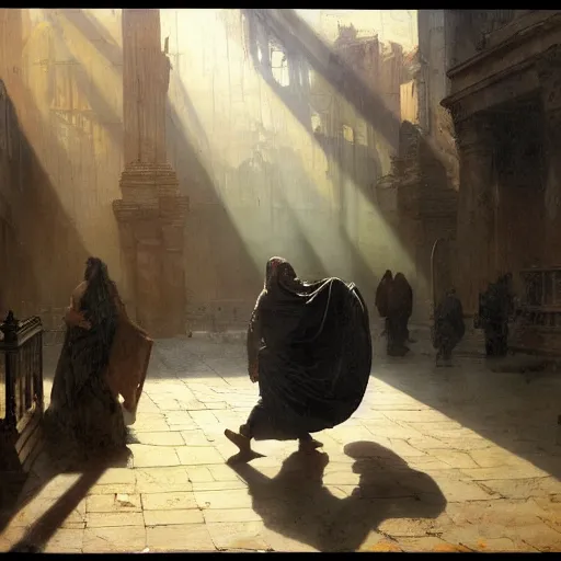 Image similar to half portait of magican wearing a closed cowl and carrying big old book! jeremy mann, jean leon gerome, tiepolo, alphonse mucha, greg rutkowski, face in the shadows, ( ( ruins of ancient rome ) ), at dusk, mysterious atmosphere, sunrays, dof, masterpiece, high detailed, 8 k