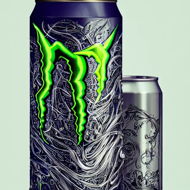 Image similar to aluminian can of monster energy drink, intricate and very very beautiful and elegant, highly detailed, digital painting, artstation, concept art, illustration