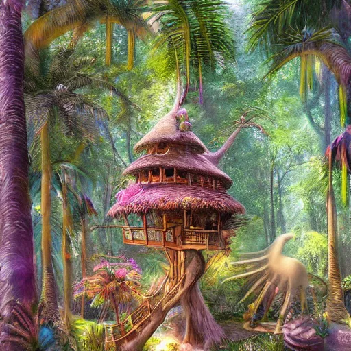 Prompt: fancy treehouse in the enchanted forest detailed magical realism photo realistic painting 8k trending on artstation with colorful tropical flowers and palm trees