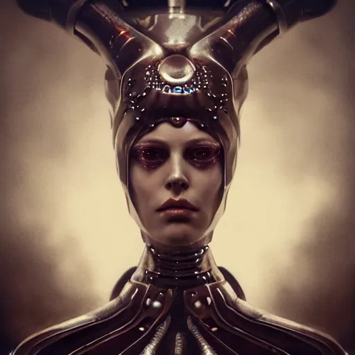 Image similar to tom bagshaw, curiosities carnival fallout, photorealistic medium shot soft paint of a single beautiful bald female full long futuristic metallic armor ornate tight metal helmet made tentacles claws, face, gynoid cyborg body, accurate features, focus, very intricate ultrafine details, award winning masterpiece