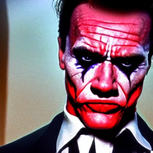 Image similar to awe inspiring Arnold Schwarzenegger as The Joker 8k hdr movie still dynamic colorful lighting