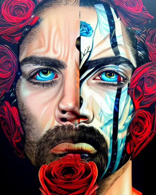 Image similar to split face of a man with pistol and roses in a deep sea with intricate details by Sandra Chevrier with half image