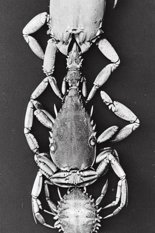 Image similar to a vintage photo of a creature that has the head of a man but the body of a crab