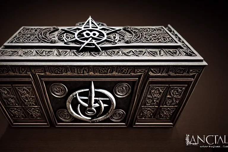 Image similar to an ancient ornate intricate old spell satanic coffin with the sigil symbol of evil emblazoned on the cover, cinematic, realistic, intricate detail, finely detailed, small details, extra detail, photorealistic, high resolution, 3 d, pbr, path tracing, volumetric lighting, octane render, arnold render, 8 k