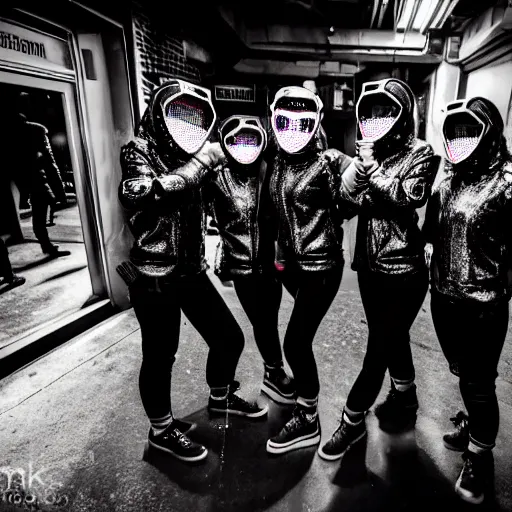 Prompt: photograph of a retro techwear female group near the bar of a packed busy rundown nightclub, lots of people, sharp and sparkly masks, retrofuturism, brutalism, cyberpunk, sigma 85mm f/1.4, 15mm, 35mm, tilted frame, long exposure, 4k, high resolution, 4k, 8k, hd, wide angle lens, highly detailed, full color, harsh light and shadow, diverse