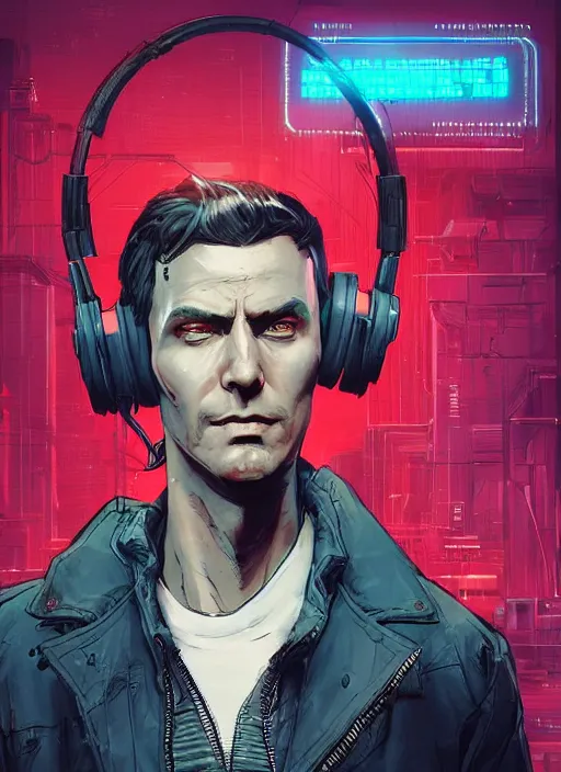 Prompt: scheming Anders. handsome cyberpunk nightclub owner wearing a cyberpunk headset and red jacket. handsome face. Realistic Proportions. Concept art by James Gurney and Laurie Greasley. Moody Industrial skyline. ArtstationHQ. Creative character design for cyberpunk 2077.